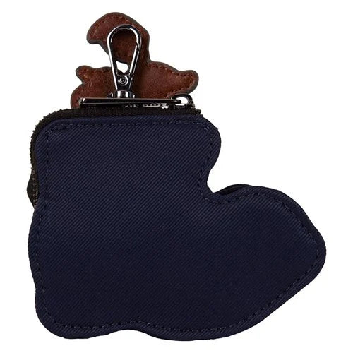 Navy blue heart-shaped key case with brown clip on a white background