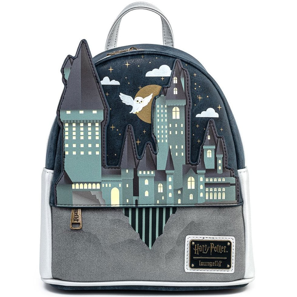 Mini backpack with Harry Potter castle design on a white background