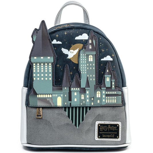 Mini backpack with Harry Potter castle design on a white background