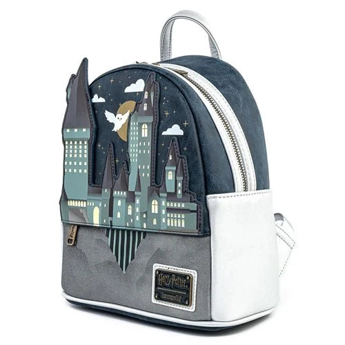 Mini backpack with Harry Potter-themed design featuring iconic buildings and a ghost.
