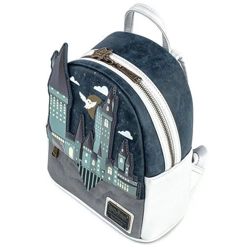 Mini backpack with Harry Potter design featuring castle and owl on a white background