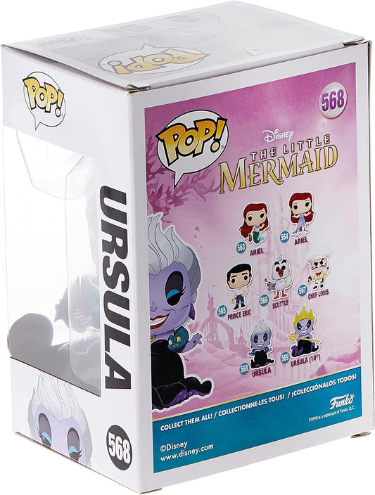 Funko Pop! packaging for Ursula from The Little Mermaid with character illustrations on a pink background.