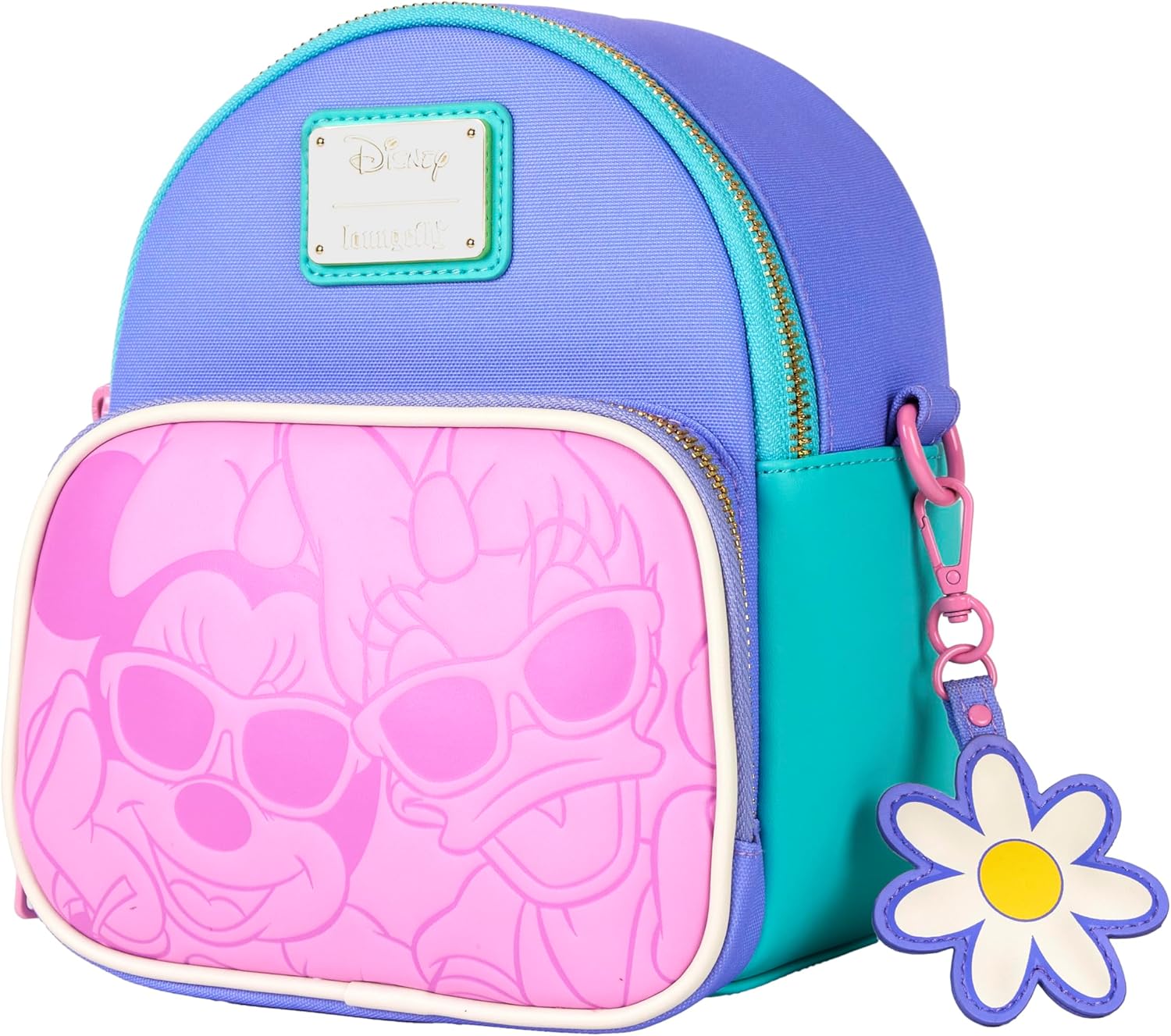 Colorful backpack with Minnie Mouse and Daisy Duck and flower charm on a white background slanted to the side