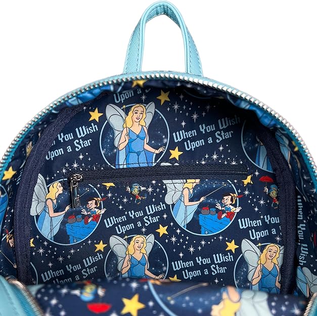 Backpack with the Blue Fairy and 'When You Wish Upon a Star' text on a blue background