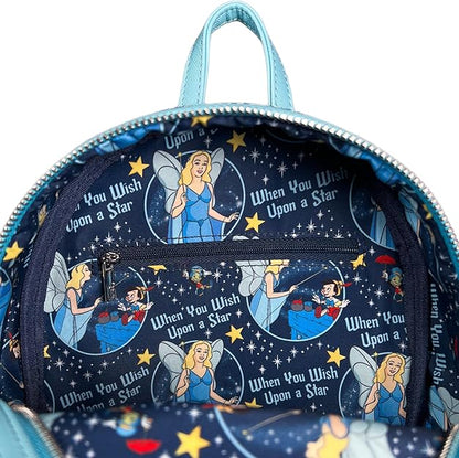 Backpack with the Blue Fairy and 'When You Wish Upon a Star' text on a blue background