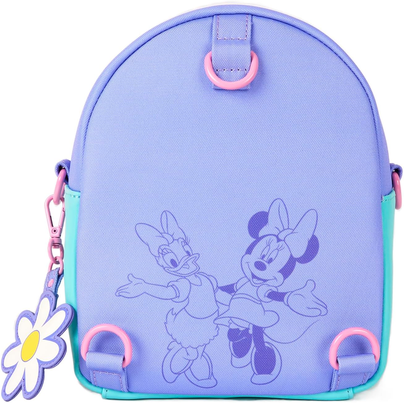 Purple backpack with Minnie Mouse and Daisy Duck with a flower charm on a white background
