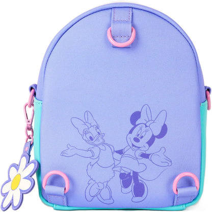 Purple backpack with Minnie Mouse and Daisy Duck with a flower charm on a white background