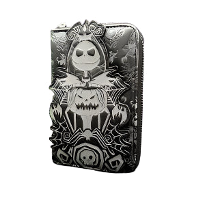 Zipper wallet with a design of a Jack Skellington from The Nightmare Before Christmas holding a pumpkin on a dark surface with a white background