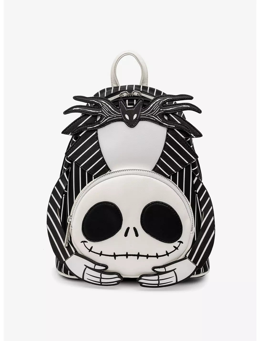 Backpack with a design of a Jack Skellington holding his head on a white background