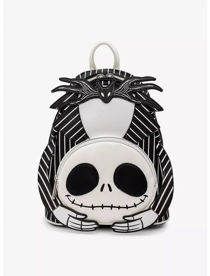 Backpack with a design of a Jack Skellington holding his head on a white background