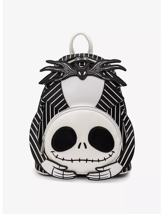 Backpack with a design of a Jack Skellington holding his head on a white background