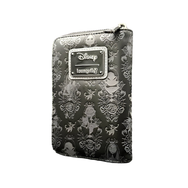 Black debossed Nightmare Before Christmas patterned wallet with Disney Loungefly logo on a white background