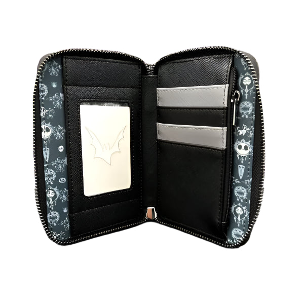 Black wallet with decorative NIghtmare Before Christmas designs on the interior with white background