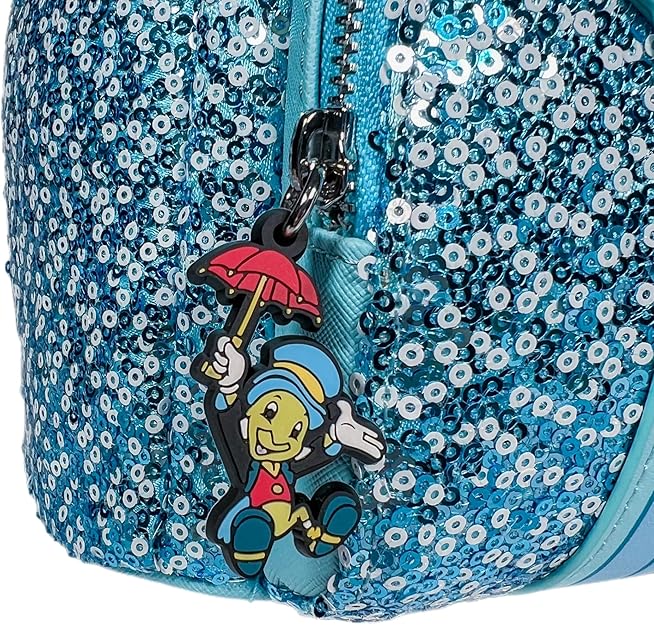 Blue sequin bag with a Jiminy Cricket holding an umbrella
