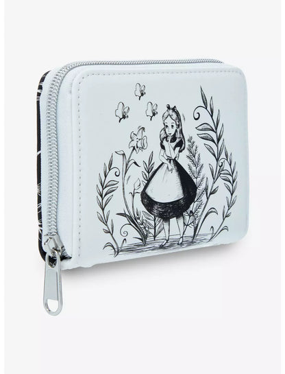White wallet with black illustrations of Alice in Wonderland on a white background