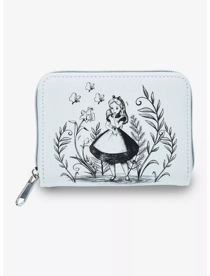 White wallet with black illustration of Alice from Alice in Wonderland in a garden on a white background