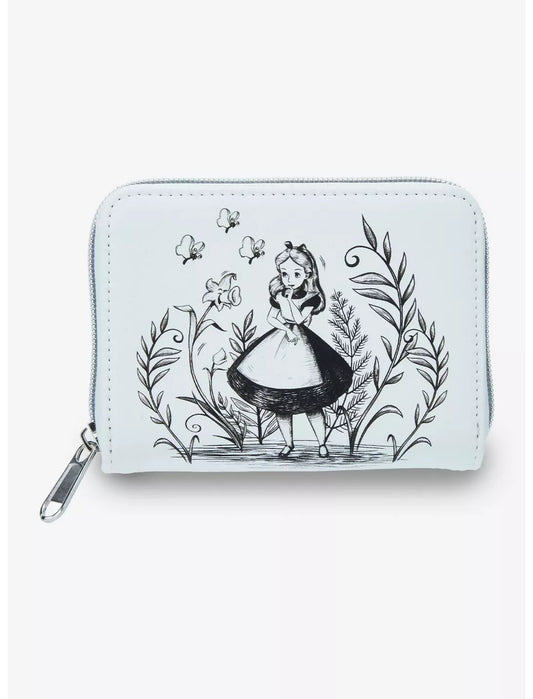 White wallet with black illustration of Alice from Alice in Wonderland in a garden on a white background