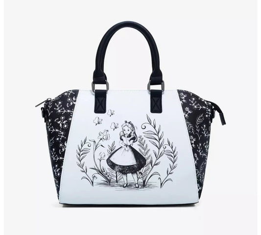 Handbag with Alice in Wonderland design on a white background