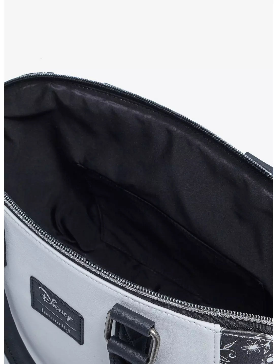Open satchel with black interior and visible Disney Loungefly logo on a white background