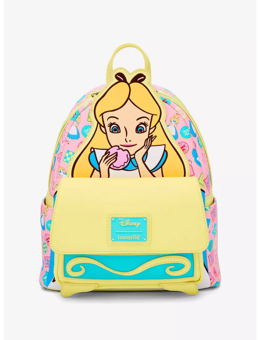 Backpack with Alice, from Alice in Wonderland, eating a cookie design on a white background