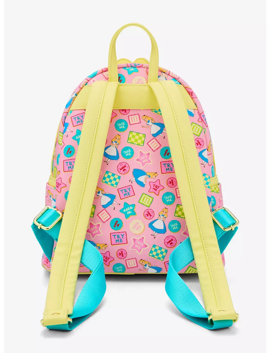 Backpack with Alice in Wonderland characters and objects on a white background