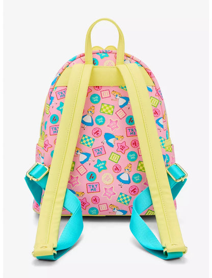 Backpack with Alice in Wonderland characters and objects on a white background