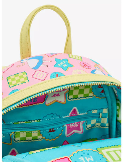 Inside of backpack lining with Alice in Wonderland characters and objects on a white background
