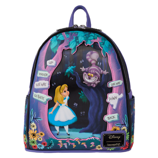 Front view of the mini backpack with Alice in Wonderland design featuring Alice and Cheshire Cat.