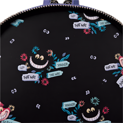 Inside view of the mini backpack with colorful Alice in Wonderland-themed designs and Text 'That Way', 'Up', This Way', and 'Yonder' on a white background