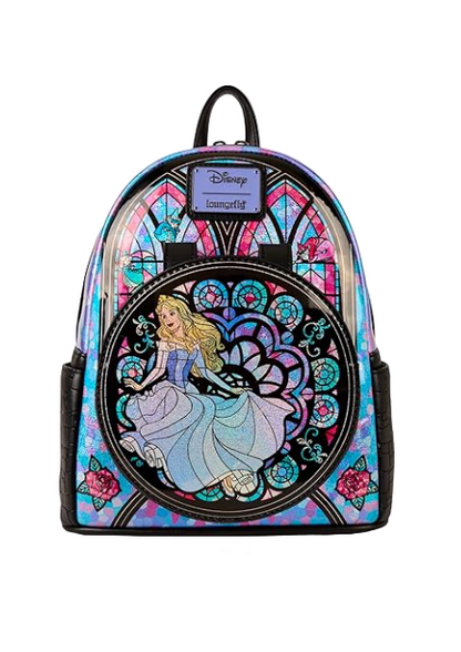 Mini backpack with Sleeping Beauty Disney design featuring Aurora in a stained glass window style.
