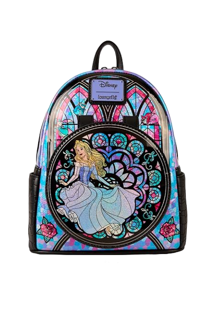 Mini backpack with Sleeping Beauty Disney design featuring Aurora in a stained glass window style.
