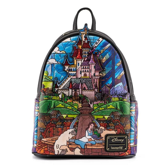 Backpack with stained glass castle design featuring characters from Belle from Beauty and the Beast on a white background