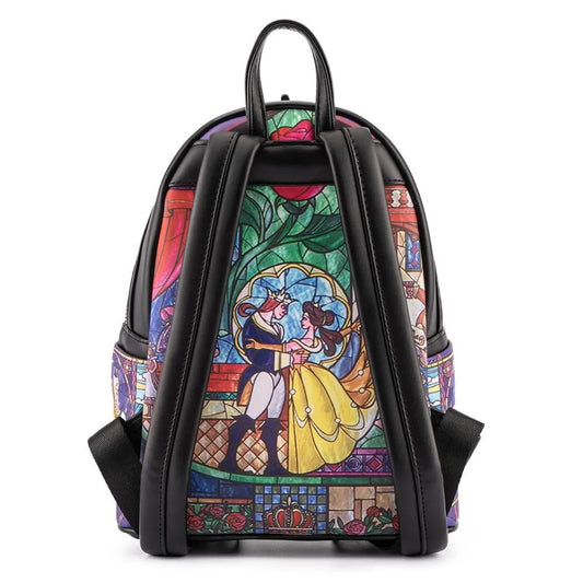 Backpack with stained glass design featuring Prince Adam and Belle, on a white background