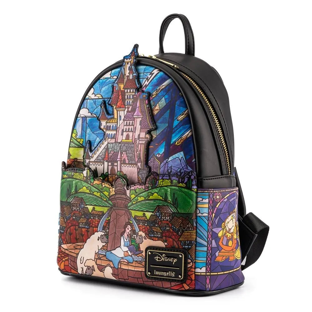 Backpack with stained glass castle design on a white background