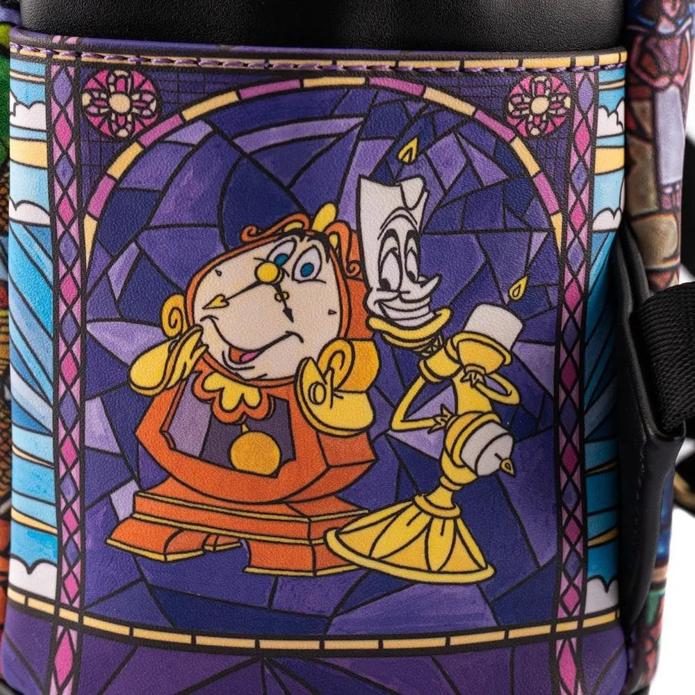 Cogsworth and Lumiere within a stained glass window 