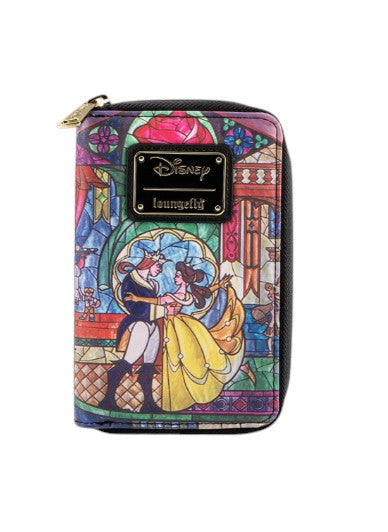 Disney Loungefly wallet with stained glass design featuring Belle and Beast, on a white background.