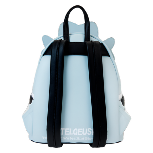 Back view of the Beetlejuice Western Mini Backpack with black straps with text 'BETELGEUSE The afterlife's leading Bio-exorcist' on a white background