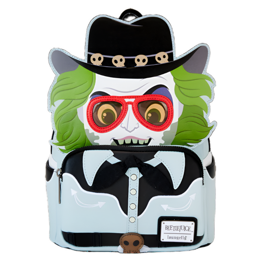 Front view of the Beetlejuice  Western Mini Backpack with Beetlejuice character design on a white background