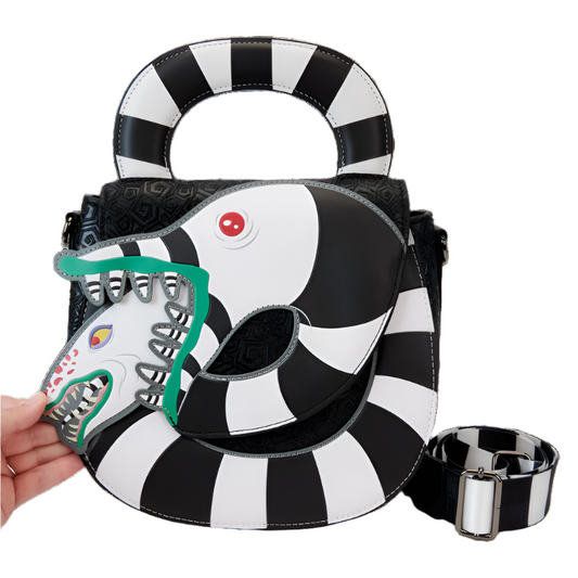 Front view of the black and white striped Beetlejuice Sandworm Crossbody Bag with a sandworm design on a white background