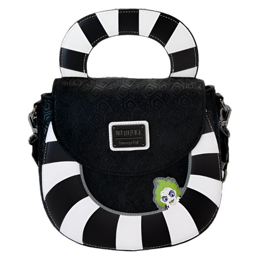 Back view of the black and white striped Beetlejuice Sandworm Crossbody Bag with black and white sandworm design, picture of Beetlejuice's head, and Beetlejuice and Loungefly logo on a white background