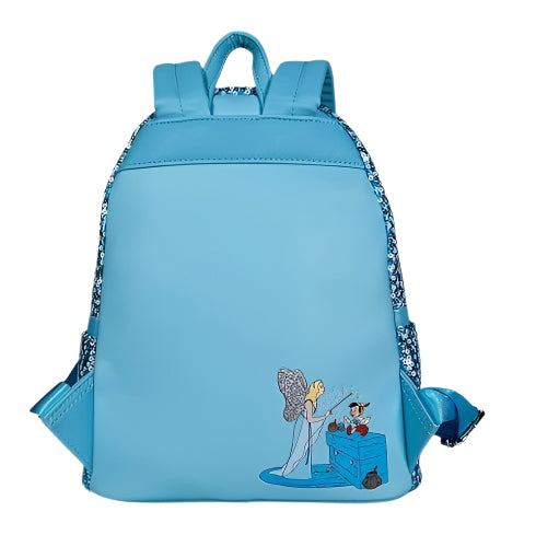 Blue backpack with Blue Fairy and Pinocchio design on a white background