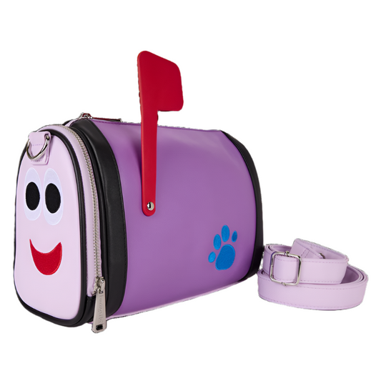 Purple Blue's Clue Mail Box Crossbody Bag with a red flag and blue paw print on a white background