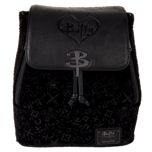 Black backpack with 'Buffy' logo and design on a white background