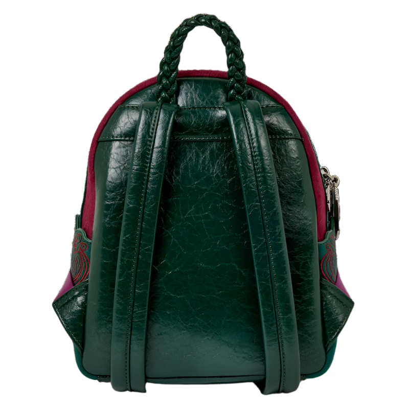 Green leather backpack with braided handle on a white background