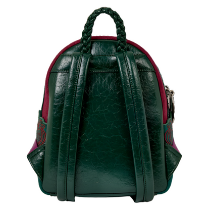 Green leather backpack with braided handle on a white background