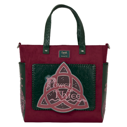 Red and green tote bag with a Triquetra symbol and 'Power of Three' text on a white background