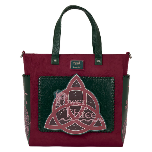 Red and green tote bag with a Triquetra symbol and 'Power of Three' text on a white background