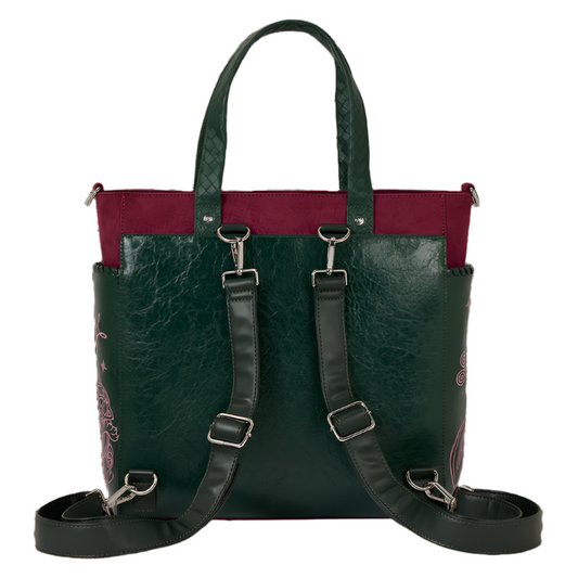 Green leather tote bag with a red interior on a white background
