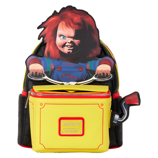 Backpack with Chucky from the Child's Play film series on top, featuring a yellow front panel and red accents.