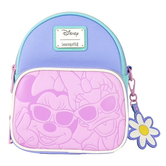 Backpack with Minnie Mouse and Daisy Duck with a flower charm on a white background